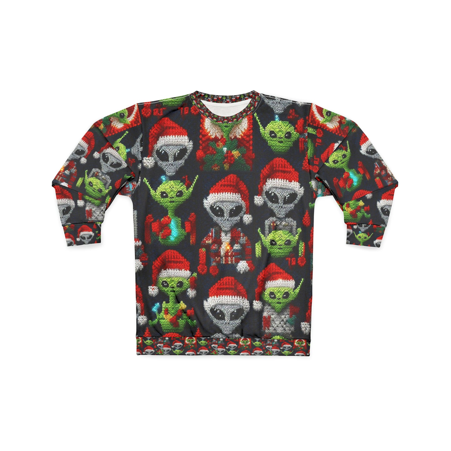 Festive Alien Invasion: Intergalactic Christmas Holiday Cheer with Santa Hats and Seasonal Gifts Crochet Pattern - Unisex Sweatshirt (AOP)