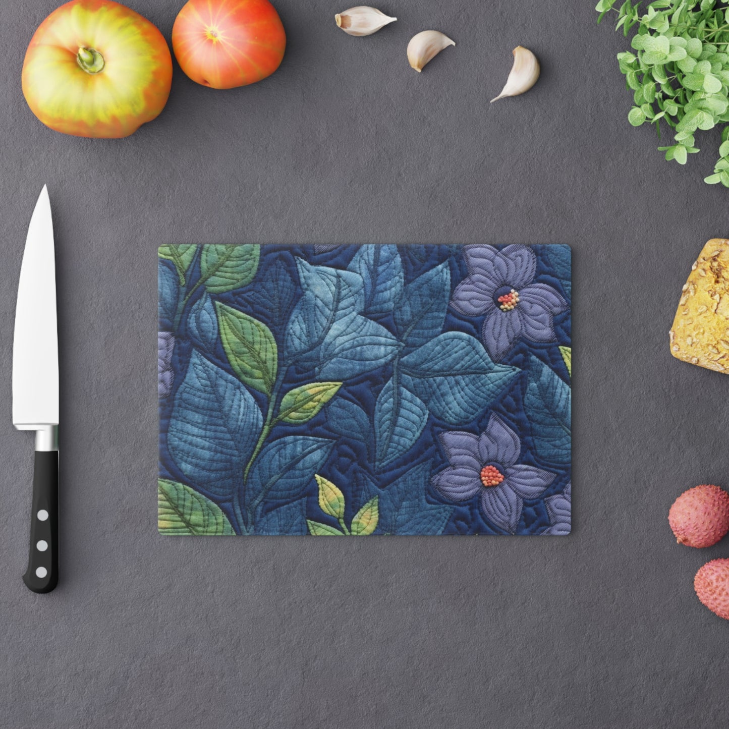 Floral Embroidery Blue: Denim-Inspired, Artisan-Crafted Flower Design - Cutting Board