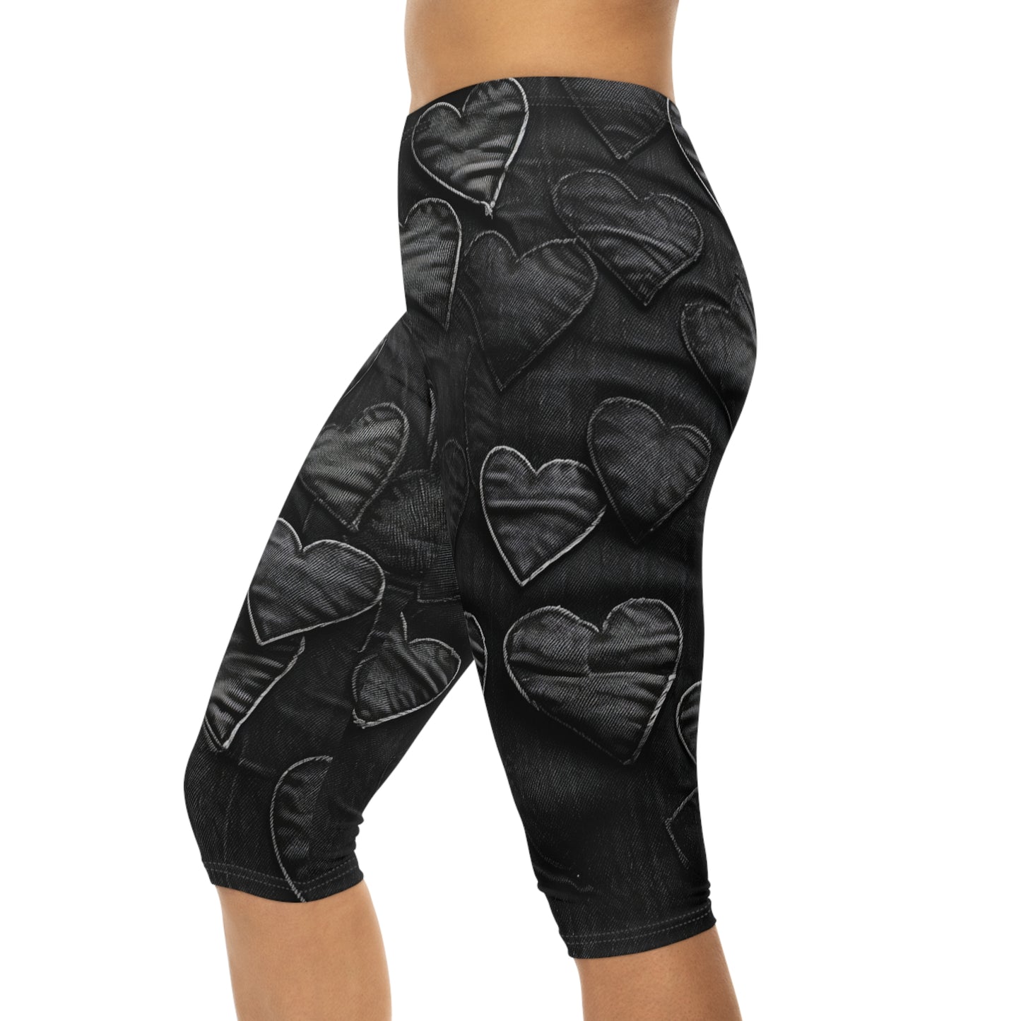 Black: Distressed Denim-Inspired Fabric Heart Embroidery Design - Women’s Capri Leggings (AOP)