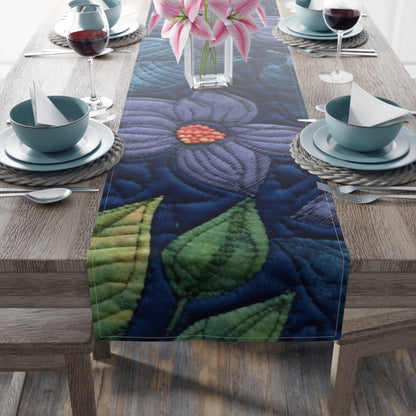 Floral Embroidery Blue: Denim-Inspired, Artisan-Crafted Flower Design - Table Runner (Cotton, Poly)