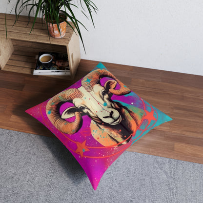 Pop Art Aries Constellation - Vibrant Zodiac Ram Symbol - Tufted Floor Pillow, Square