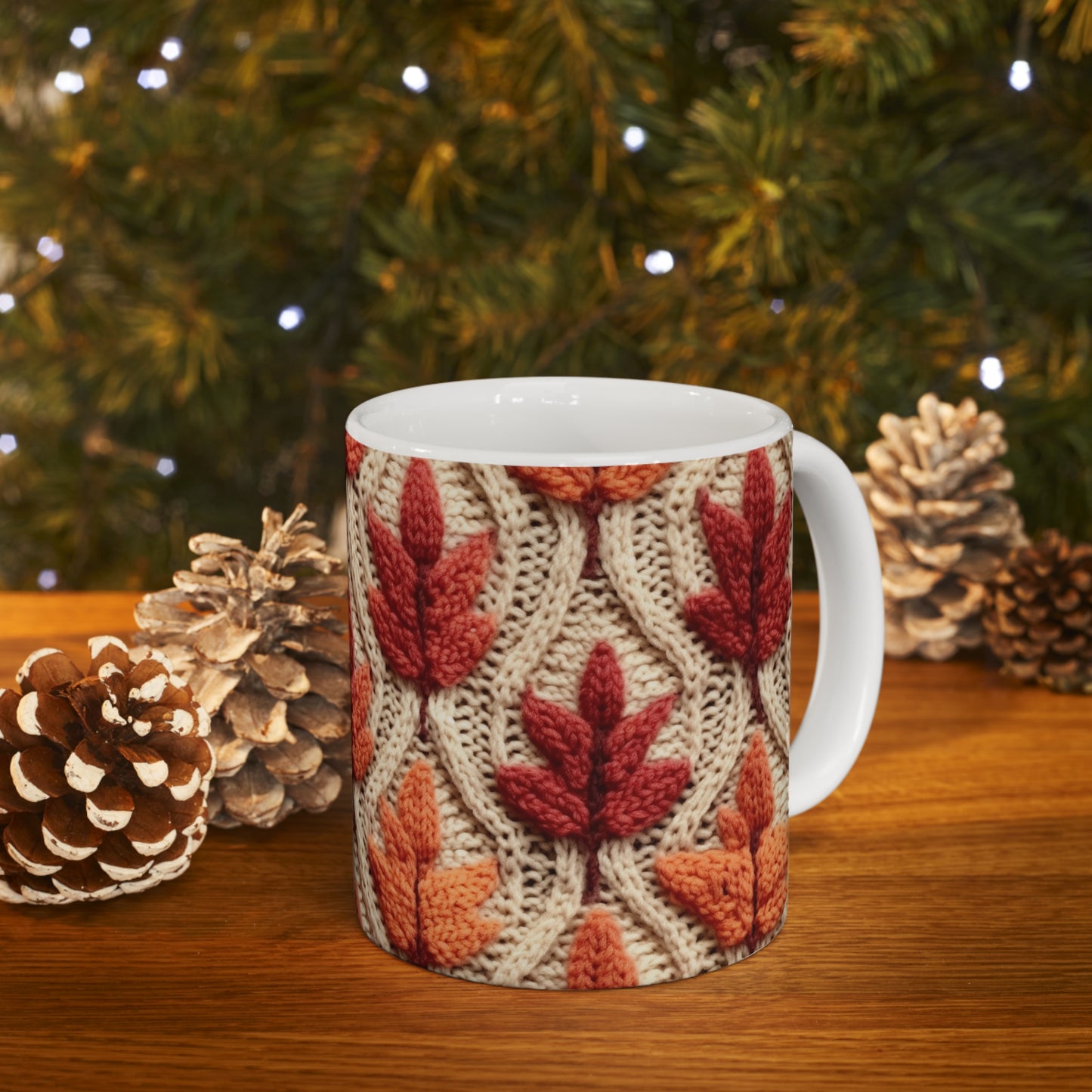 Crochet Fall Leaves: Harvest Rustic Design - Golden Browns -Woodland Maple Magic - Ceramic Mug 11oz