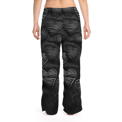 Black: Distressed Denim-Inspired Fabric Heart Embroidery Design - Women's Pajama Pants (AOP)