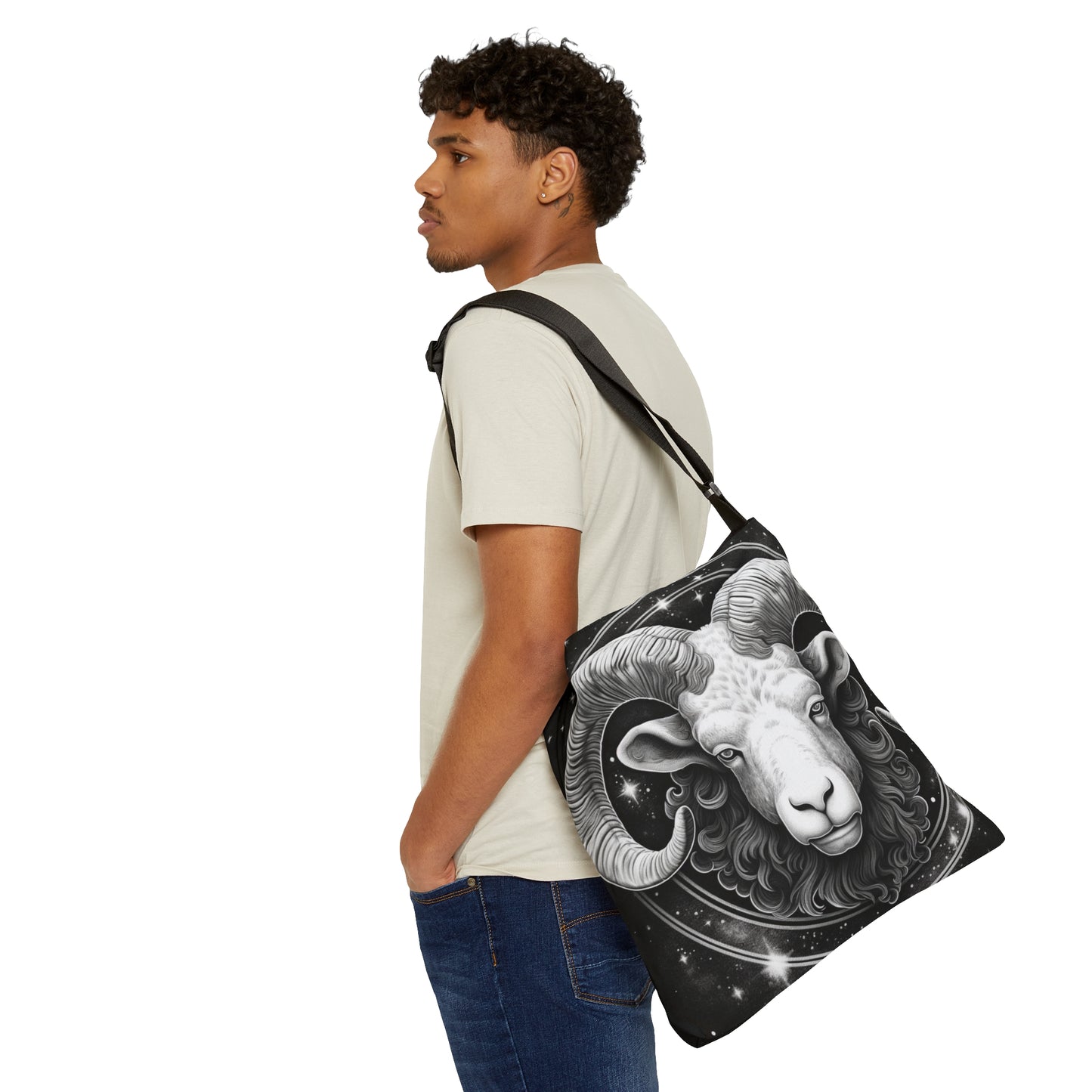 Bolso de mano del zodiaco Aries, diseño de carnero blanco y negro, 100% poliéster hilado, correa ajustable 