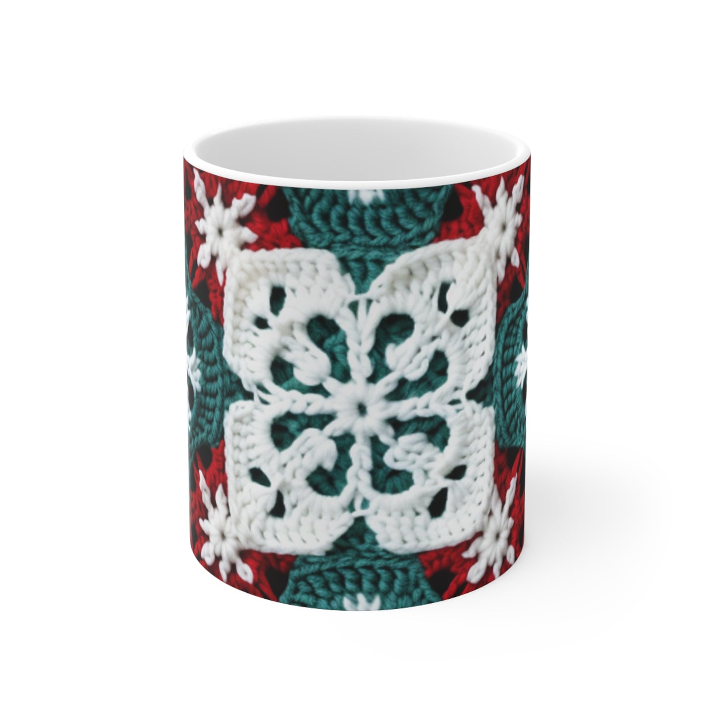 Christmas Snowflake Crochet, Festive Yuletide, Winter Wonderland Craft, Ice Crystal, Holiday Decor, Seasonal Adornments - Ceramic Mug 11oz