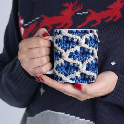 Blueberry Blue Crochet, White Accents, Classic Textured Pattern - Ceramic Mug 11oz