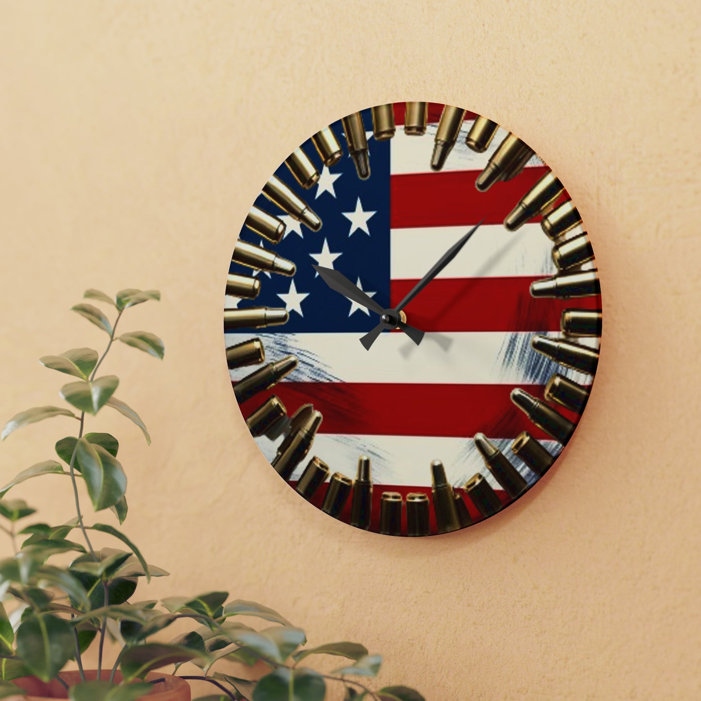 Liberty Bullet Art Acrylic Wall Clock - Patriotic USA Flag Design, Americana Wall Accent, Non-Functional Bullet Decor, Stars and Stripes Tribute Timepiece