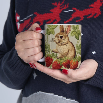 Strawberry Bunny Rabit - Embroidery Style - Strawberries Fruit Munchies - Easter Gift - Ceramic Mug 11oz