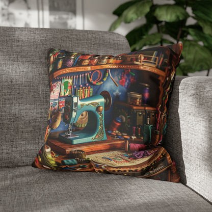 Seamstress Dream: Enchanted Sewing Nook Tapestry, Artisan Craft Room - Spun Polyester Square Pillowcase