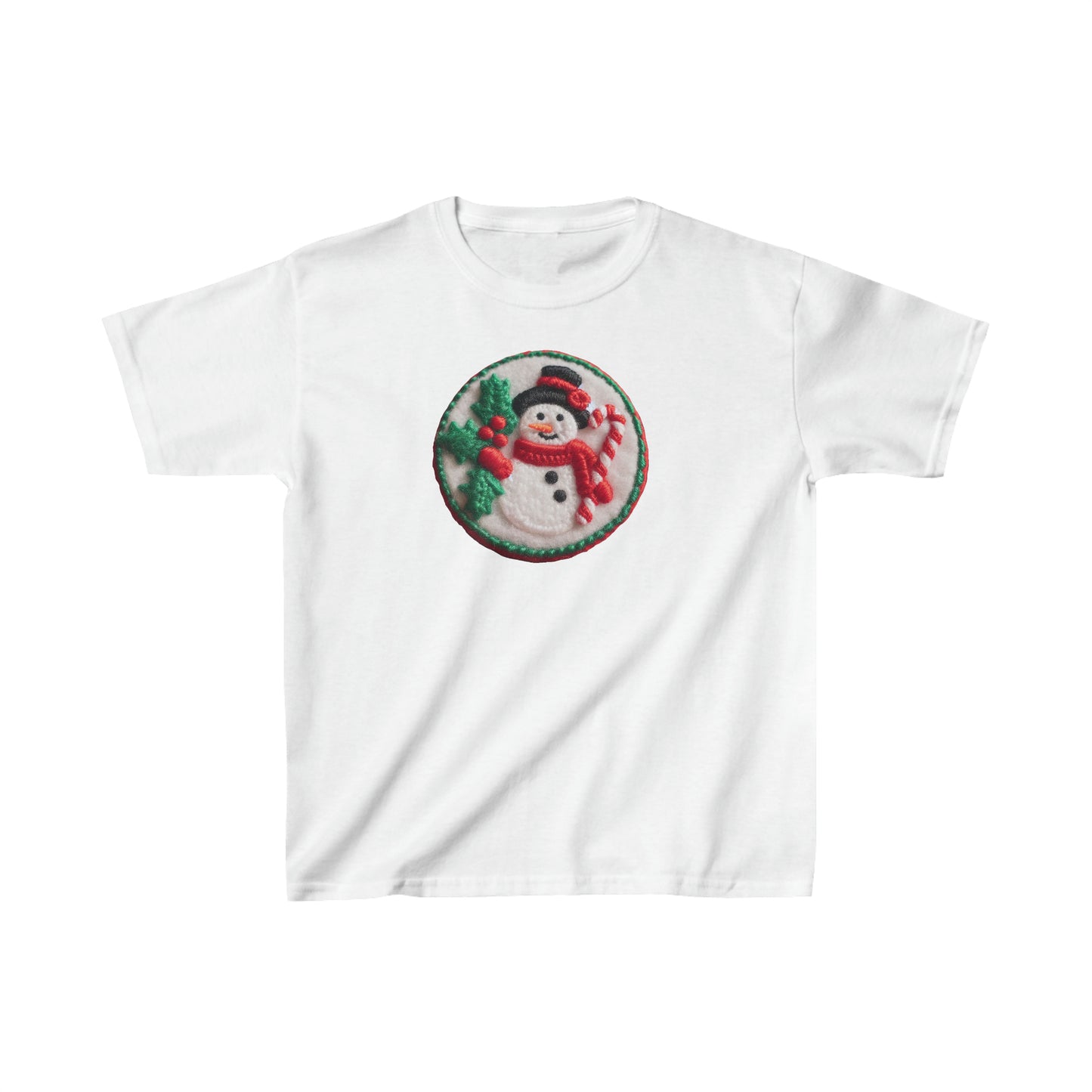 Festive Snowman Embroidered Patch: Christmas Chenille Holly & Candy Cane - Kids Heavy Cotton™ Tee