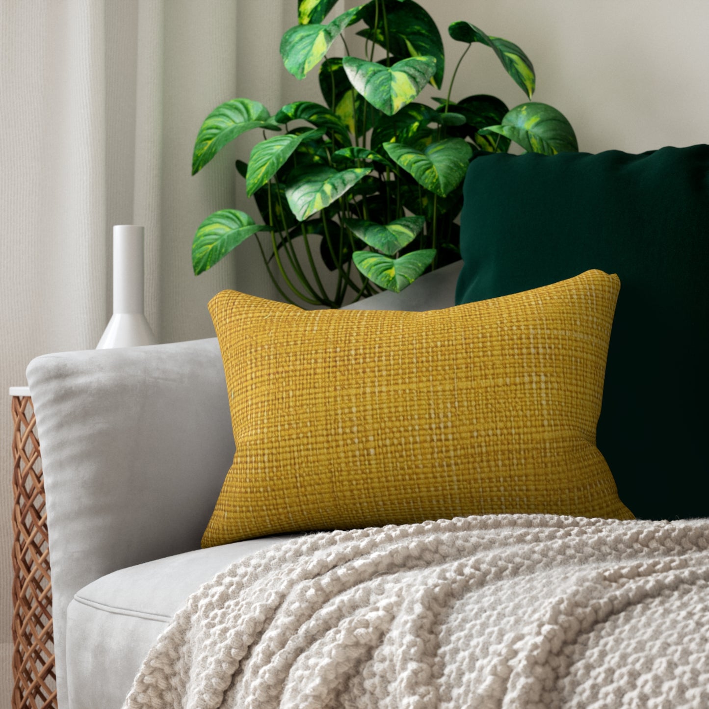 Radiant Sunny Yellow: Denim-Inspired Summer Fabric - Spun Polyester Lumbar Pillow