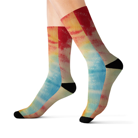 Rainbow Tie-Dye Denim: Vibrant Multi-Color, Fabric Design Spectacle - Sublimation Socks