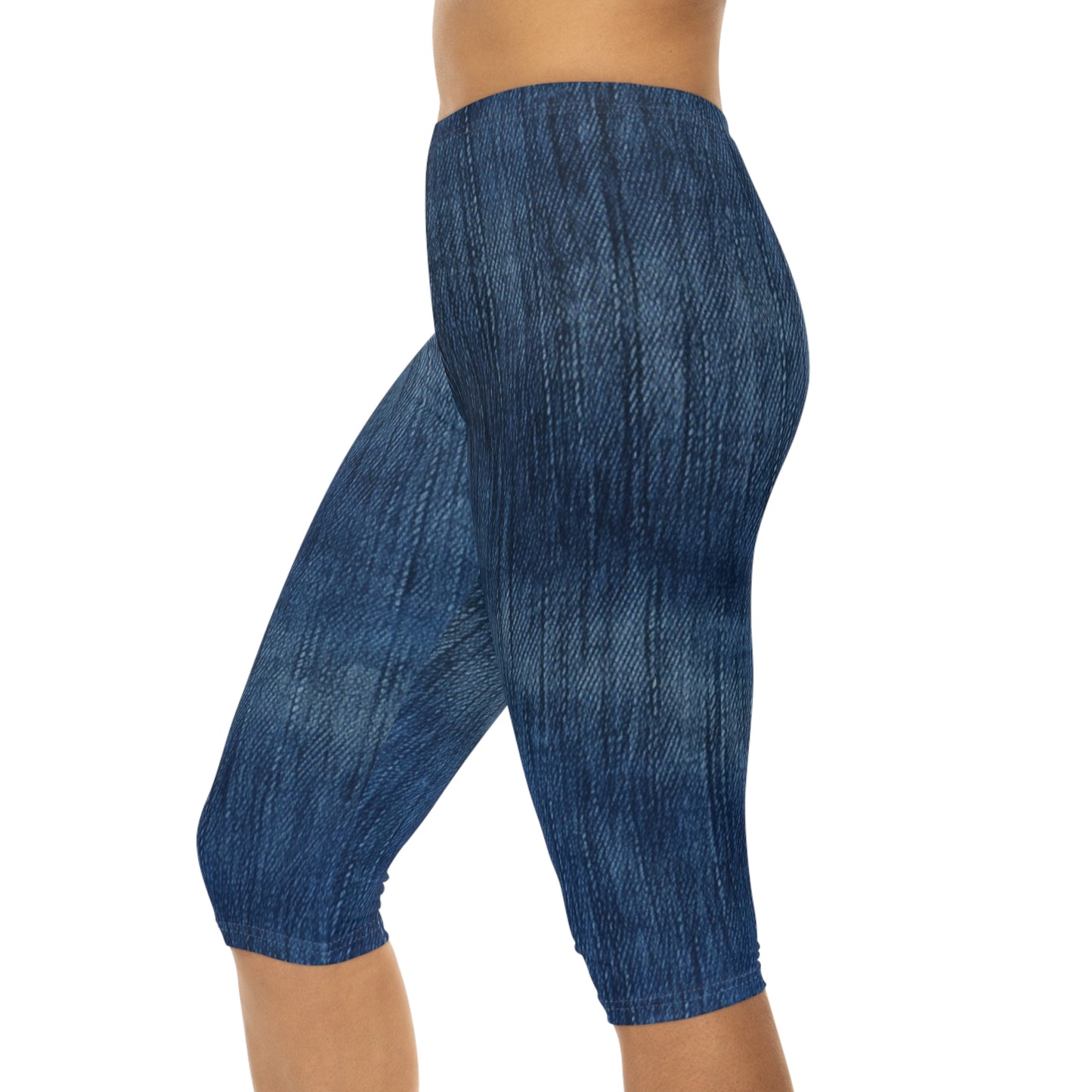 Indigo Splash: Washed Denim Reverie in Deep Blue - Women’s Capri Leggings (AOP)