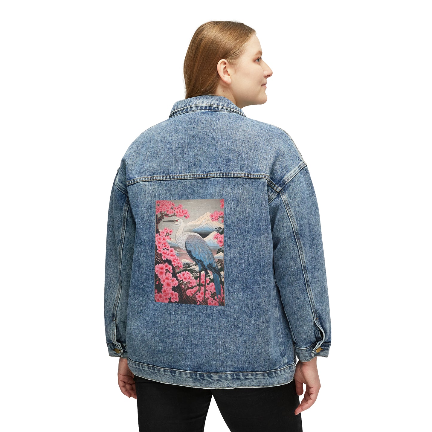 Sakura Blossoms Majestic Crane - Japanese, Birthday Gift for Dad, Traditional Indigo & Mount Fuji - Women's Denim Jacket