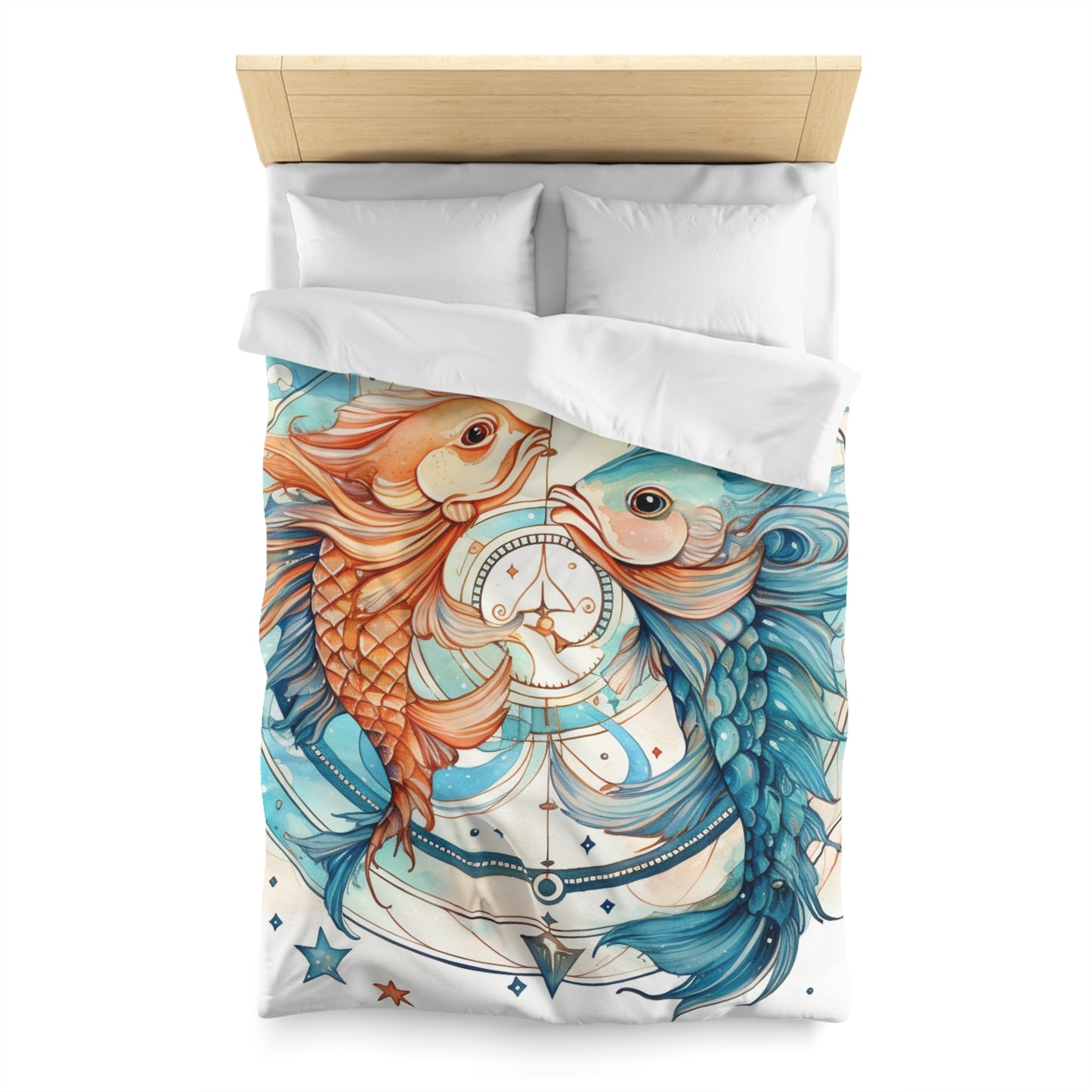 Pisces Zodiac Horoscope - Starry Watercolor & Ink, Hyper-Detailed Fish Microfiber Duvet Cover