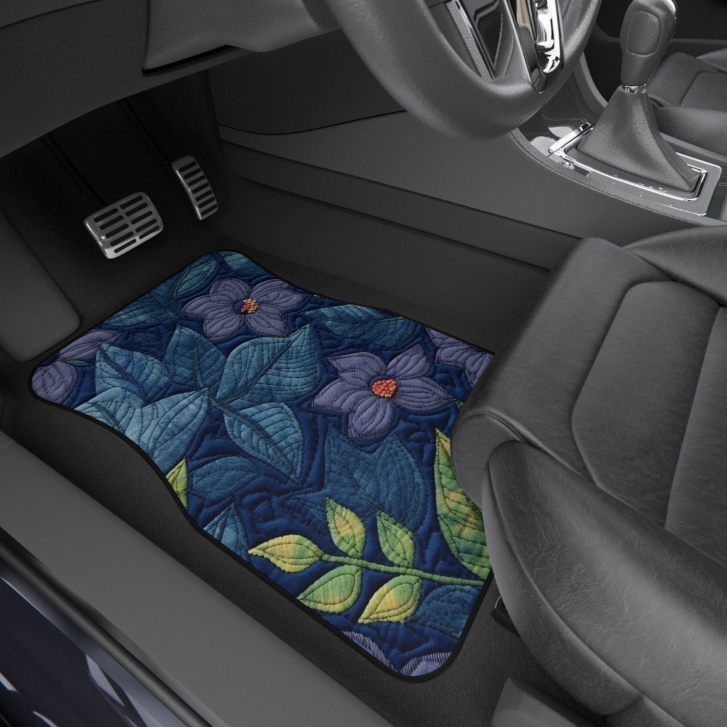 Floral Embroidery Blue: Denim-Inspired, Artisan-Crafted Flower Design - Car Mats (Set of 4)