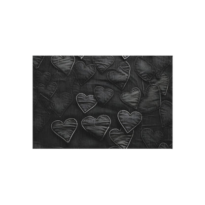 Black: Distressed Denim-Inspired Fabric Heart Embroidery Design - Outdoor Rug