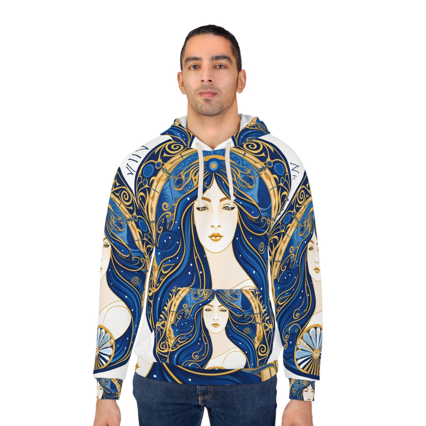 Simetría circular del zodiaco Virgo en azul real dorado - Sudadera con capucha unisex (AOP) 