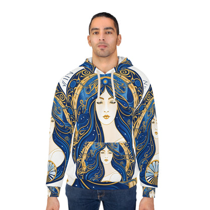 Simetría circular del zodiaco Virgo en azul real dorado - Sudadera con capucha unisex (AOP) 