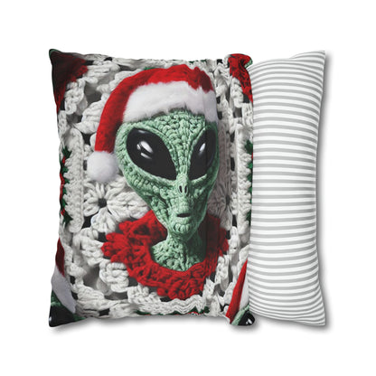 Santa's Cosmic Secret: Jolly Green Christmas Extraterrestrial with Festive Attire Crochet Art - Spun Polyester Square Pillow Case