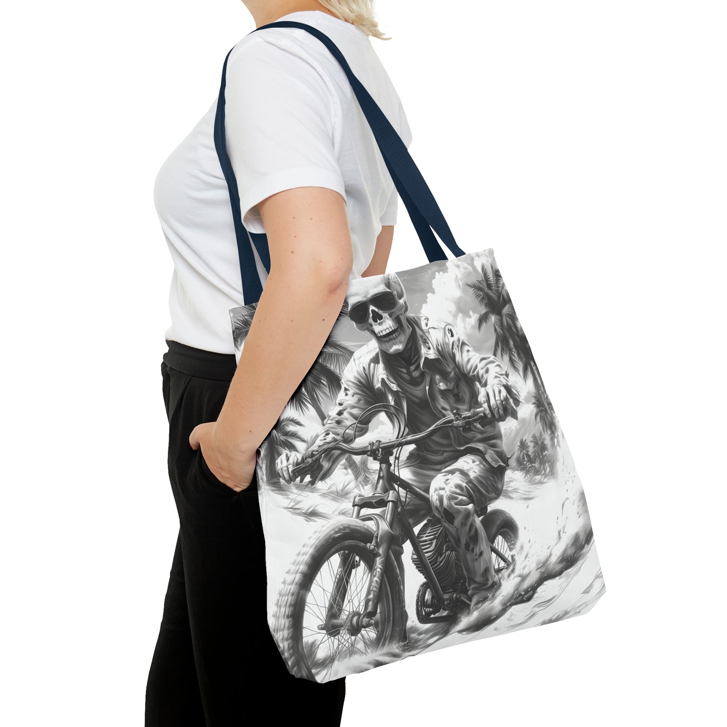 Biker Skeleton Wearing Sunglasses, Riding Sunset Boulevard in California Motorcycle, Tote Bag (AOP)