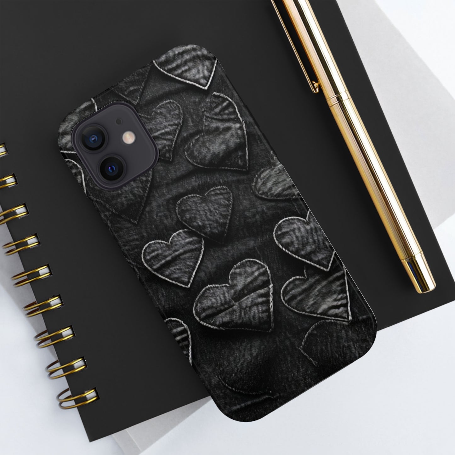 Black: Distressed Denim-Inspired Fabric Heart Embroidery Design - Tough Phone Cases