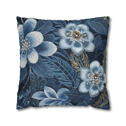 Flower Blossom Embroidery Floral on Denim Style - Spun Polyester Square Pillow Case