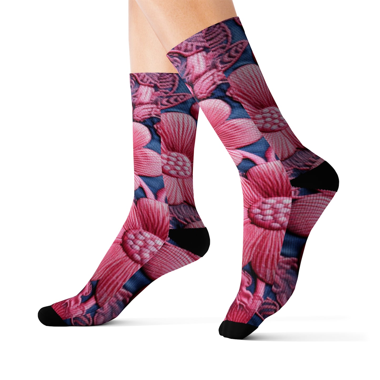 Denim Blue Doll Pink Floral Embroidery Style Fabric Flowers - Sublimation Socks