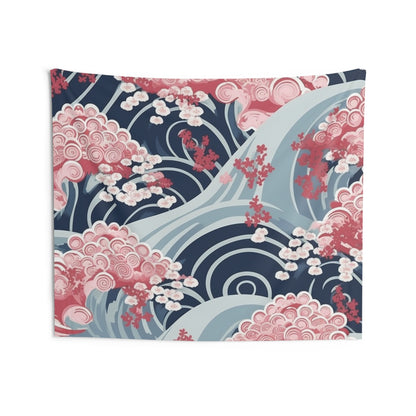 Tapices de pared para interiores con diseño minimalista japonés de ondas y flores de cerezo 