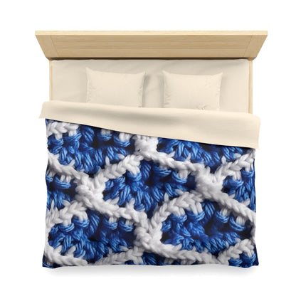 Blueberry Blue Crochet, White Accents, Classic Textured Pattern - Microfiber Duvet Cover