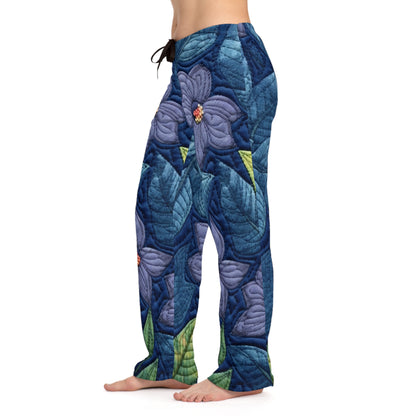 Floral Embroidery Blue: Denim-Inspired, Artisan-Crafted Flower Design - Women's Pajama Pants (AOP)
