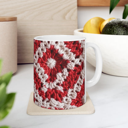 Cálido punto de ganchillo rojo y blanco de invierno: diseño de textura cinematográfico elegante - Taza de cerámica de 11 oz 