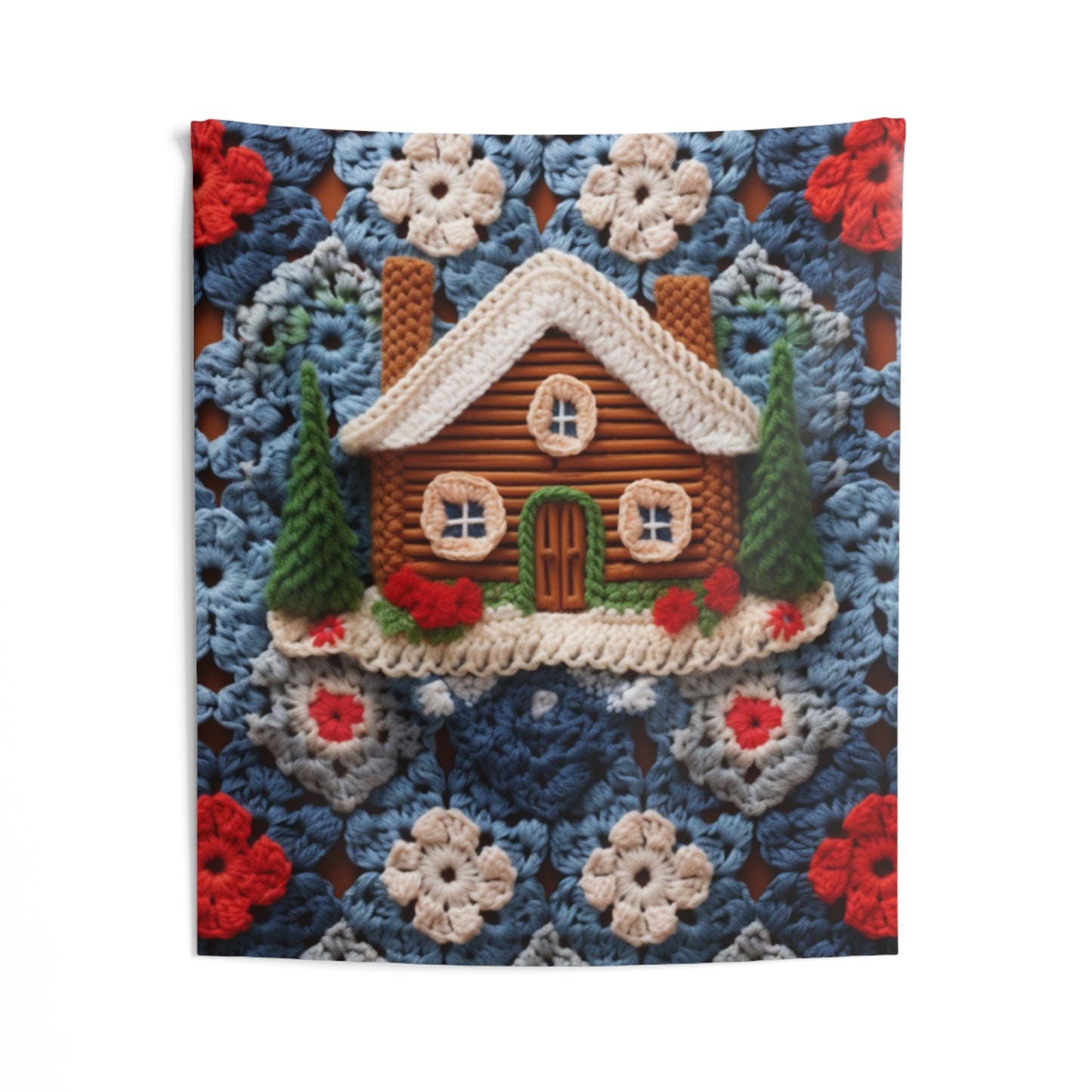 Cottagecore Log Cabin Crochet, Christmas Winter House Design, Rustic Holiday - Indoor Wall Tapestries