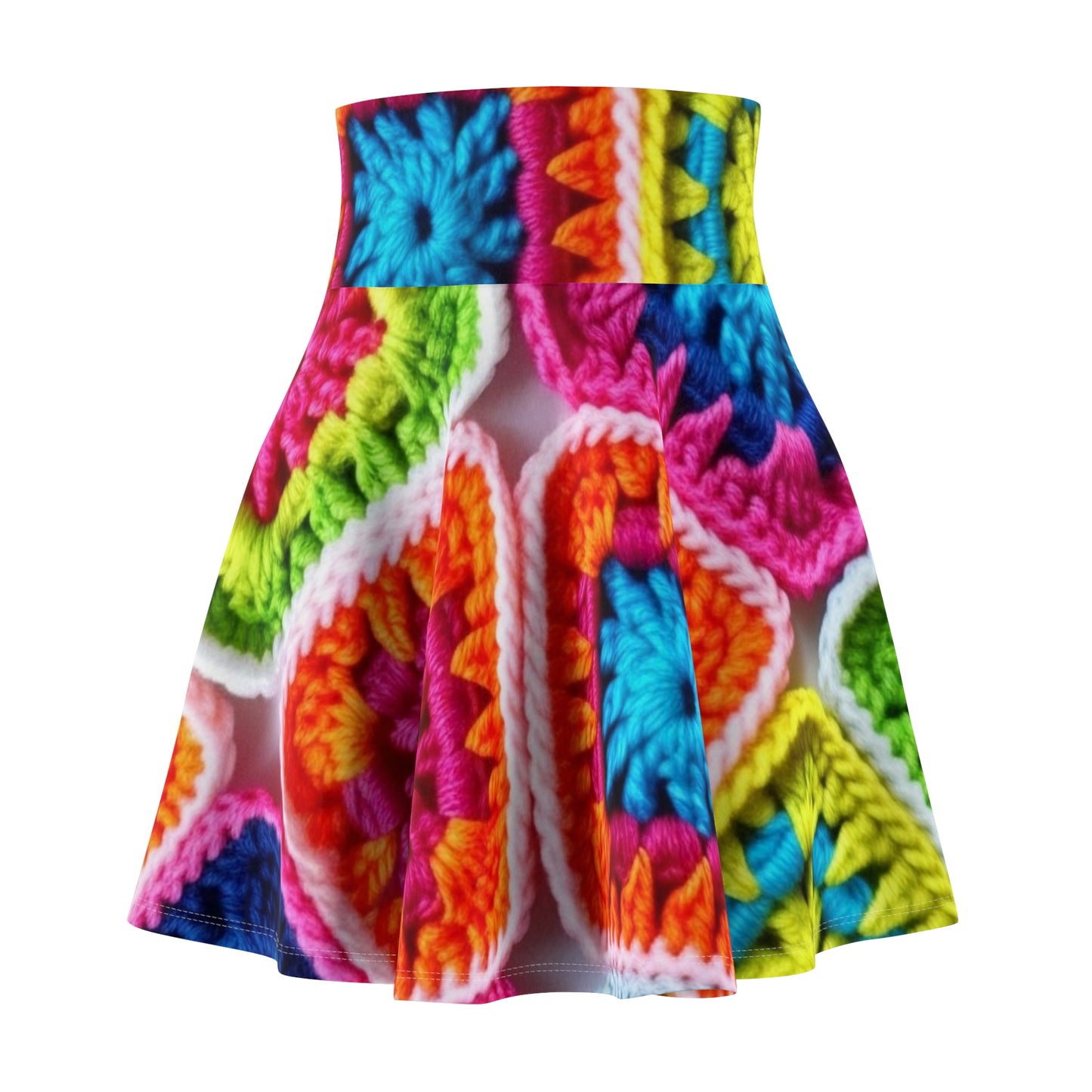 Crochet Granny Square, Summer Cotton, Patchwork, Retro Floral Design, Crochet Cotton - Women's Skater Skirt (AOP)