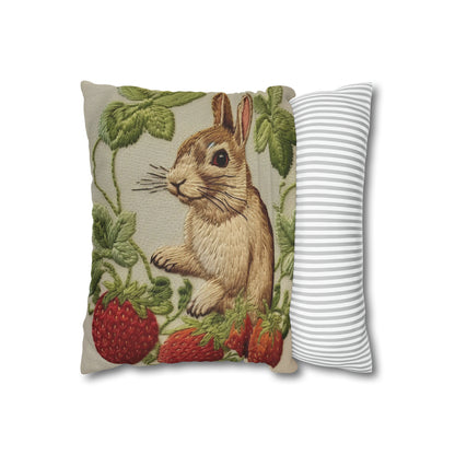 Strawberry Bunny Rabit - Embroidery Style - Strawberries Fruit Munchies - Easter Gift - Spun Polyester Square Pillow Case