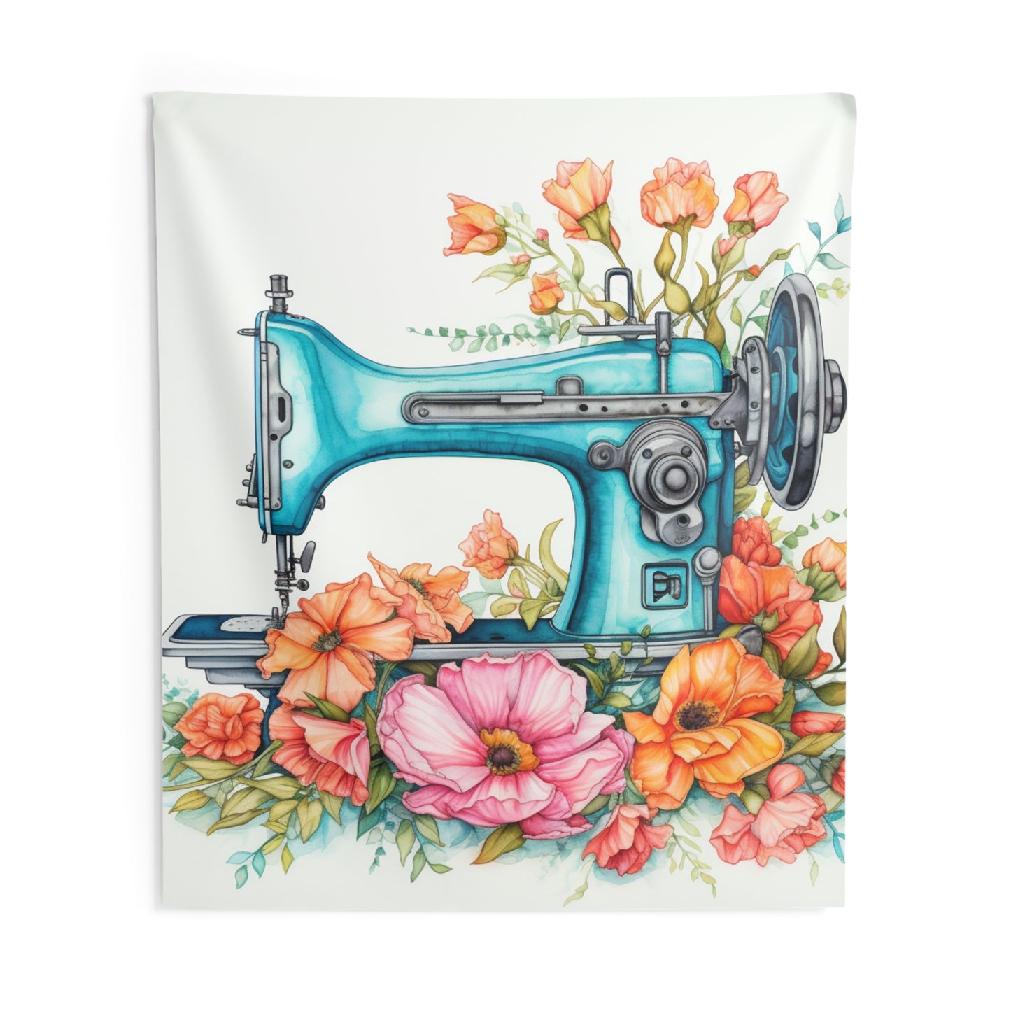 Aqua Blue Sewing Machine and Floral Watercolor Illustration, Artistic Craft - Indoor Wall Tapestries