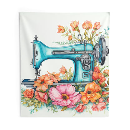 Aqua Blue Sewing Machine and Floral Watercolor Illustration, Artistic Craft - Indoor Wall Tapestries