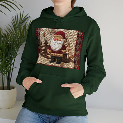 Santa Claus Christmas Farmhouse Quilt: Cozy with Checkered Borders - Unisex Heavy Blend™ Hooded Sweatshirt