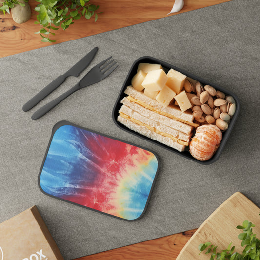 Rainbow Tie-Dye Denim: Vibrant Multi-Color, Fabric Design Spectacle - PLA Bento Box with Band and Utensils