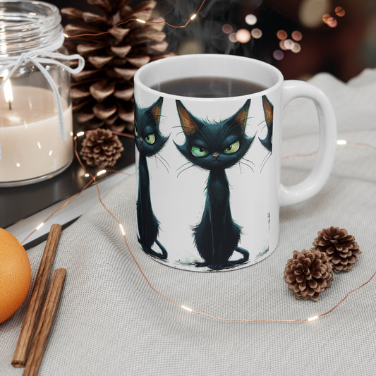Gato negro gruñón, taza de cerámica 11oz