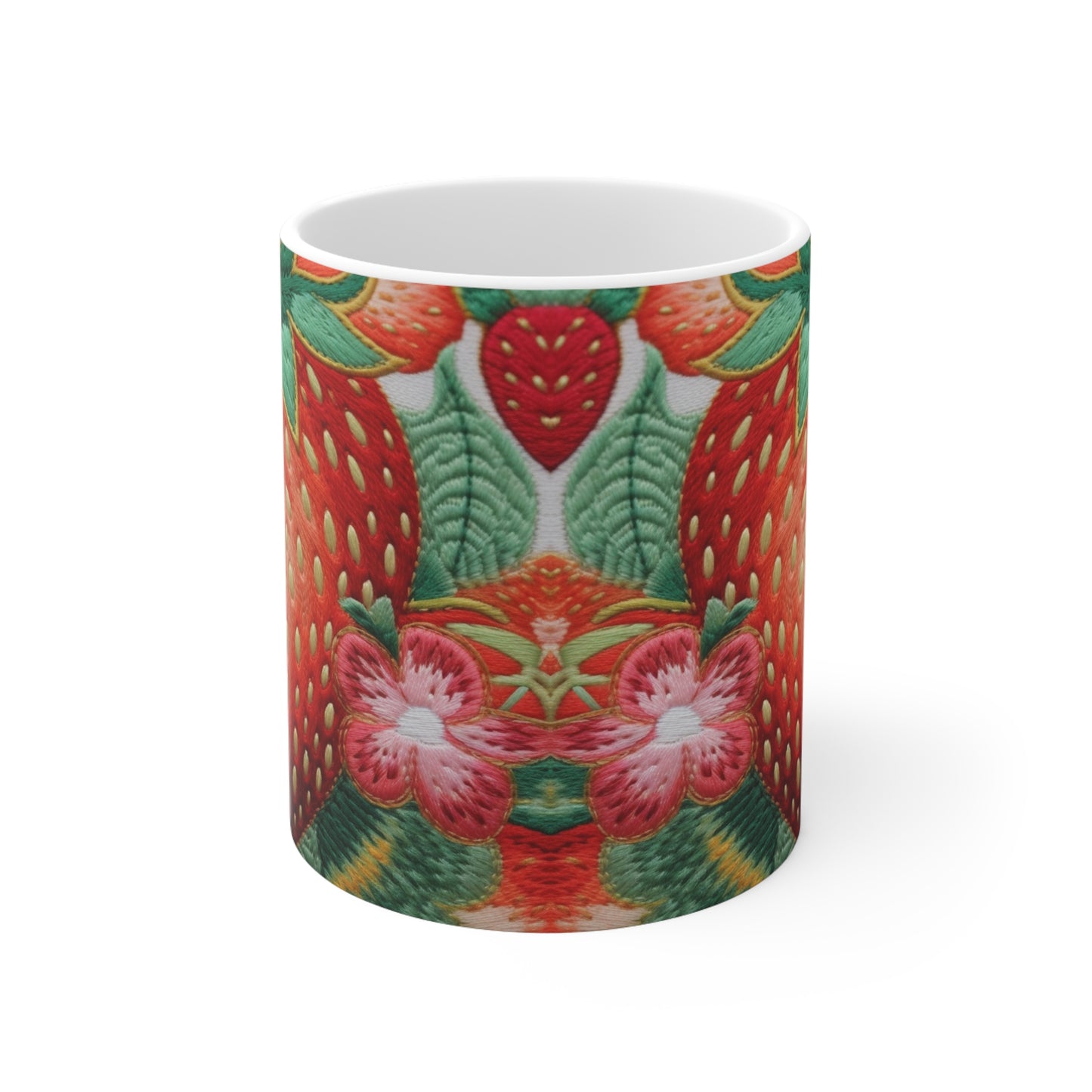 Berry Delight: Sun-Kissed Strawberries Fields Meet Embroidered Style Strawberry Patterns - Ceramic Mug 11oz