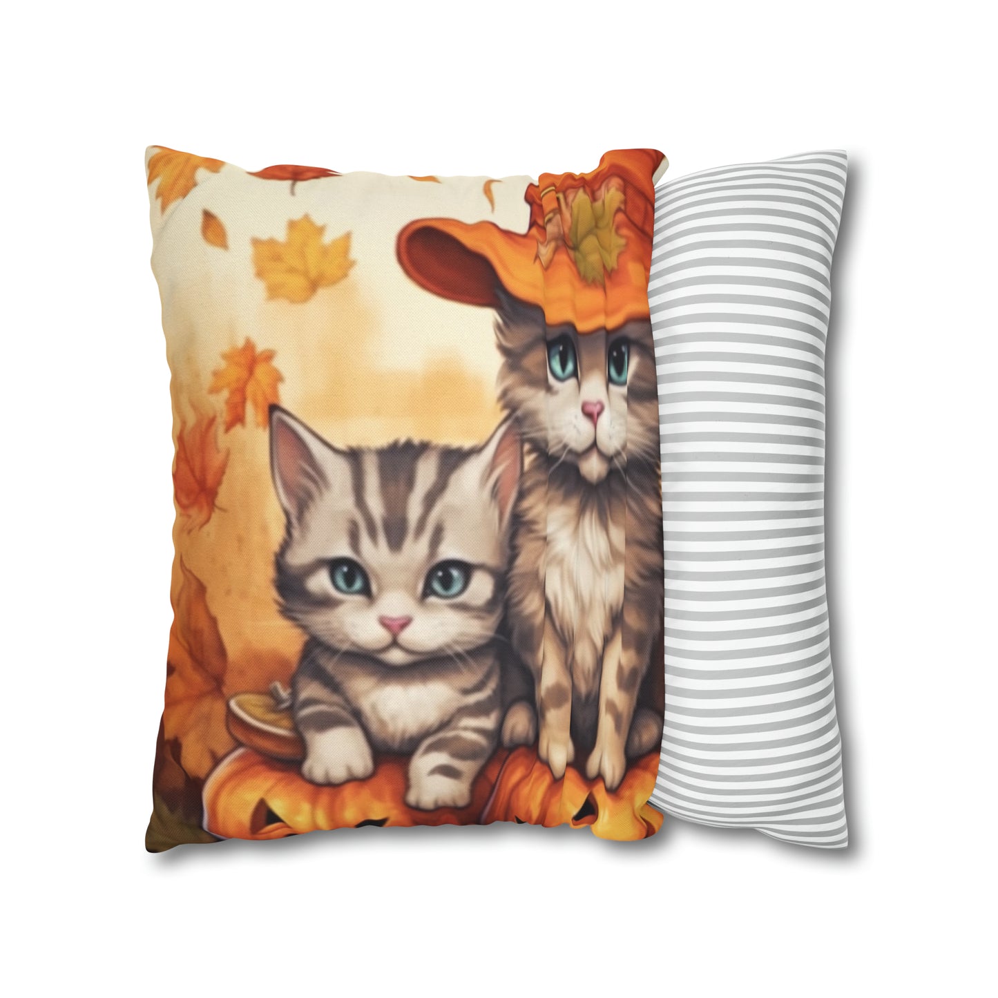 Kitty Cat Kittens Halloween - Cute Furries on Pumpkin - Festive Feline Decor - Spun Polyester Square Pillow Case