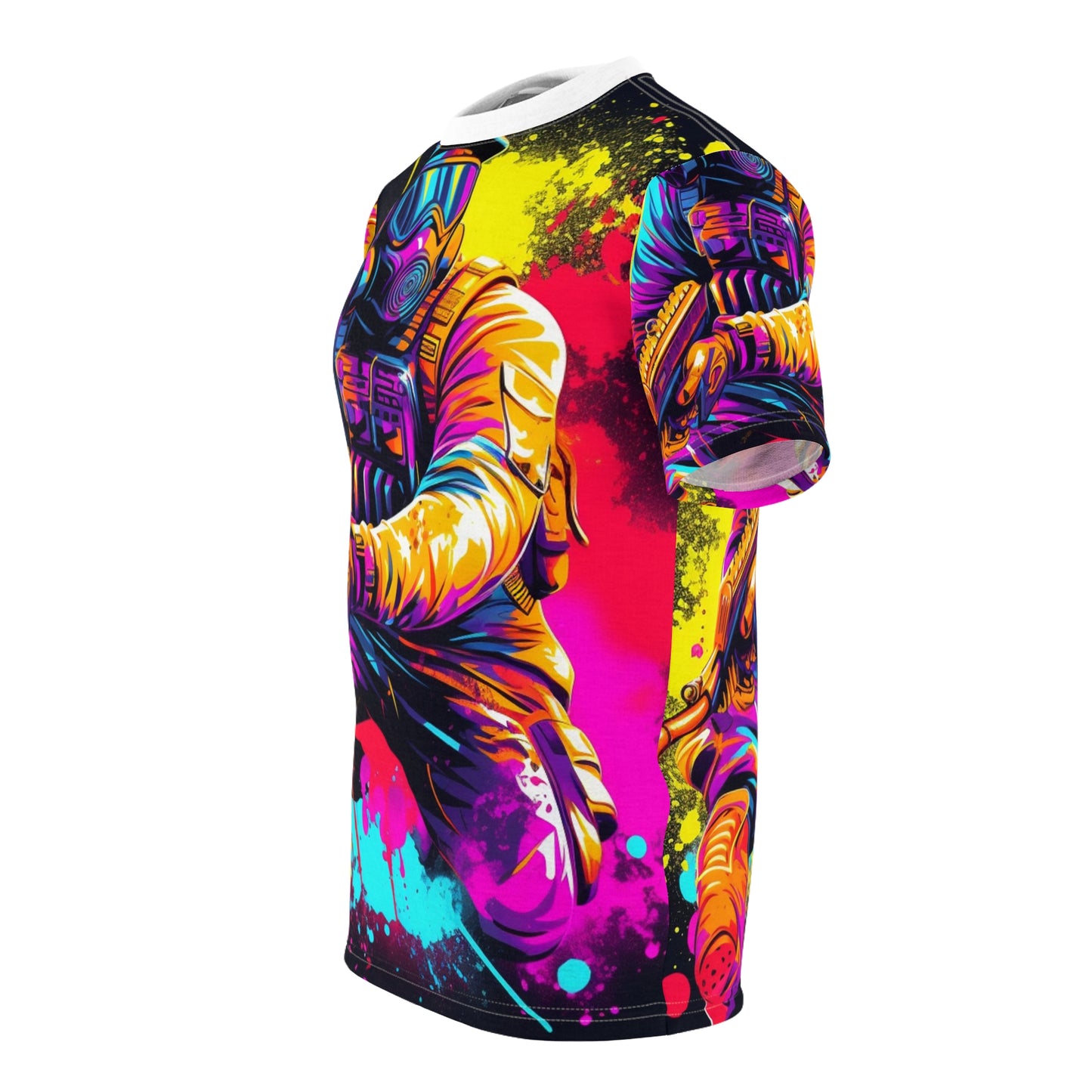 Paintball Action Sport: Player in Battle, Paint Splatter - Unisex Cut & Sew Tee (AOP)