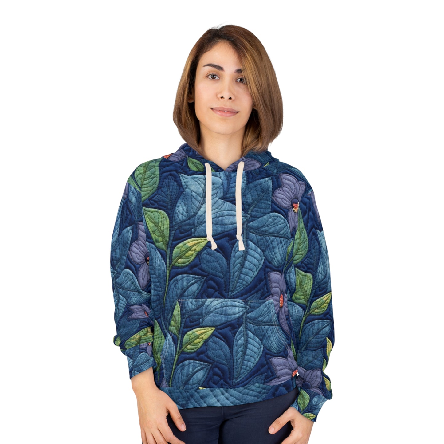 Azul bordado floral: diseño de flores artesanal e inspirado en la mezclilla - Sudadera con capucha unisex (AOP) 