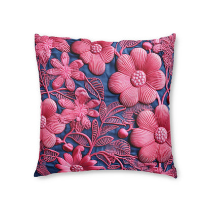 Denim Blue Doll Pink Floral Embroidery Style Fabric Flowers - Tufted Floor Pillow, Square