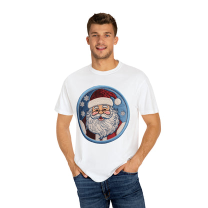 Santa Chenille Patch: Christmas Festive Holiday Design - Unisex Garment-Dyed T-shirt