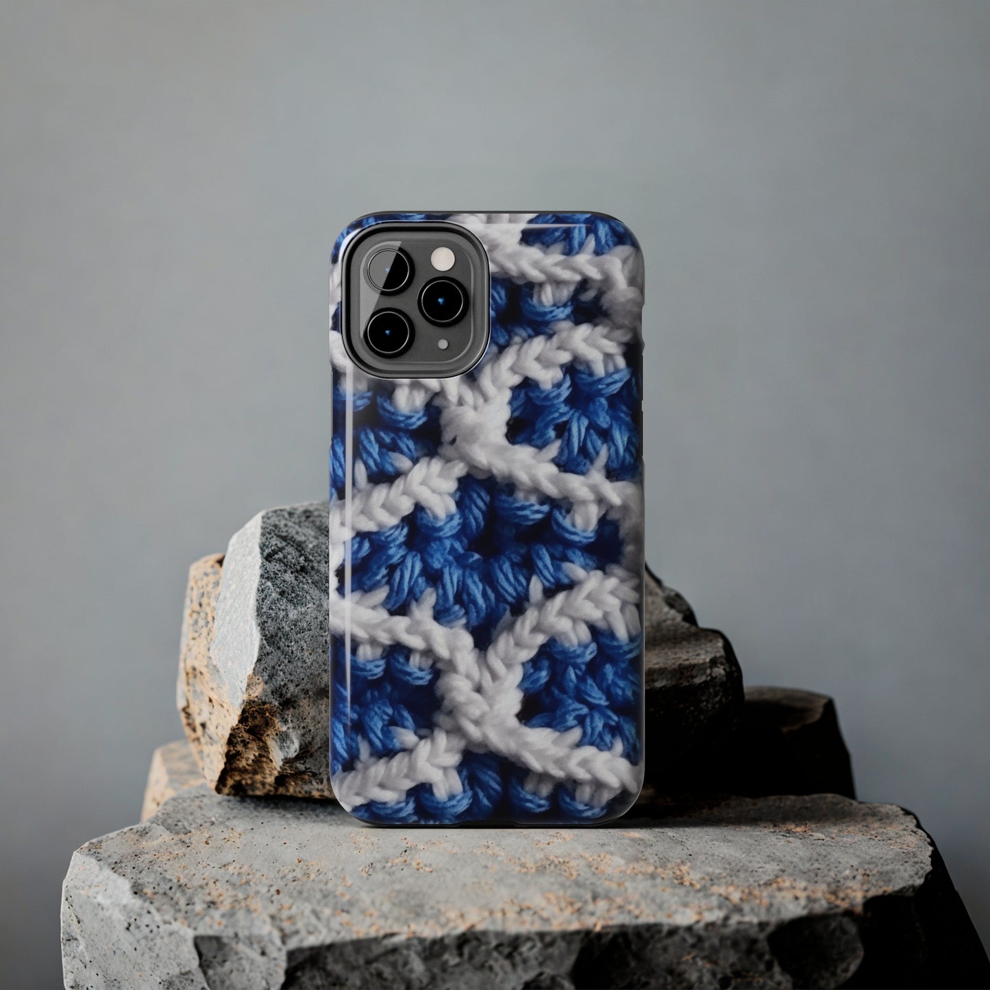 Blueberry Blue Crochet, White Accents, Classic Textured Pattern - Tough Phone Cases