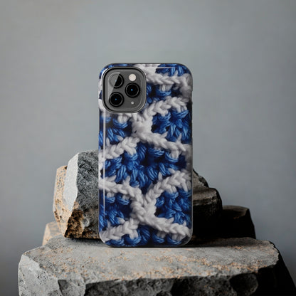 Blueberry Blue Crochet, White Accents, Classic Textured Pattern - Tough Phone Cases