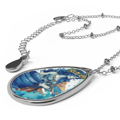 Artistic Aquarius Zodiac - Watercolor Water-Bearer Depiction - Oval Necklace