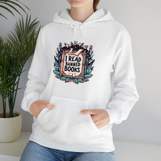 I Read Banned Books - Botanical Serenity with Whimsical Book Illustration - Unisex Heavy Blend™ Hooded Sweatshirt